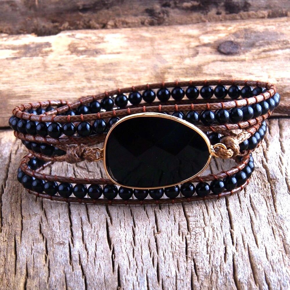NEW Black Onyx Boho Beaded Leather Wrap Bracelet - Picture 7 of 8